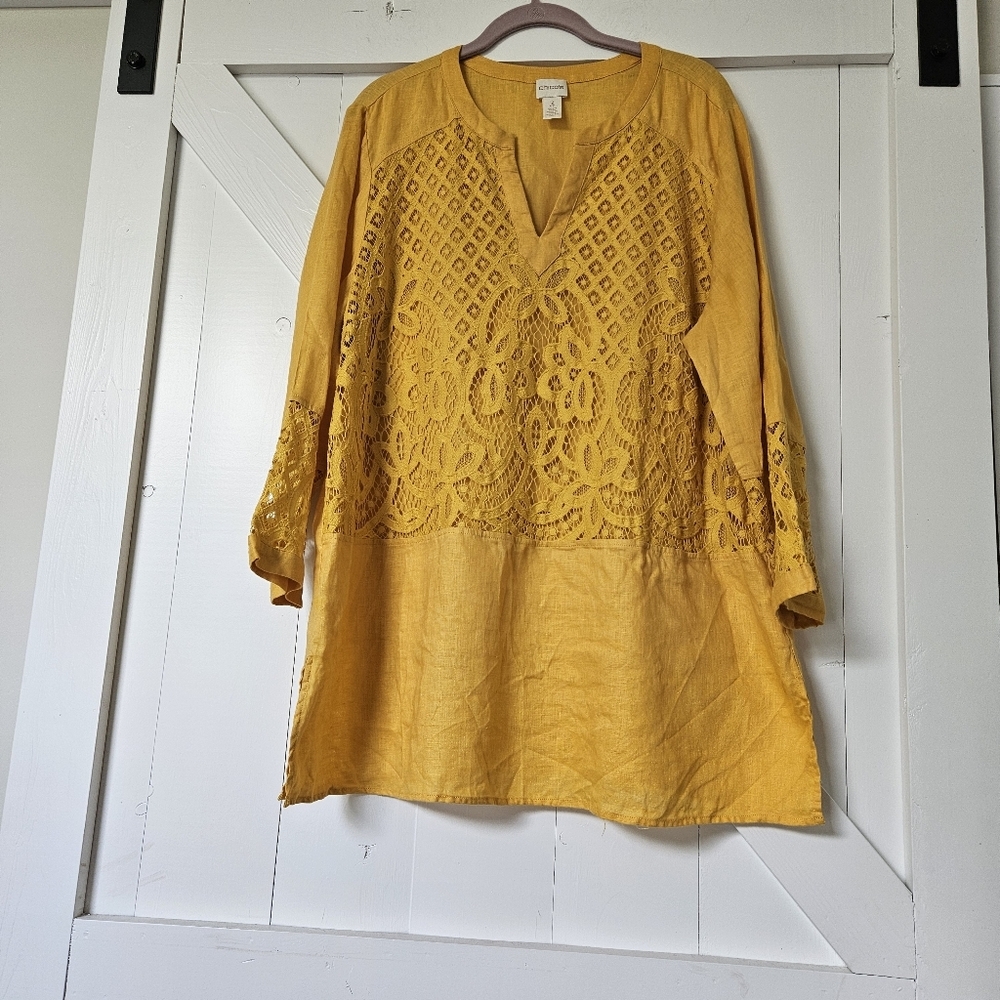 Chico’s 100% linen loose artsy lace top Lagenlook blouse yellow XL